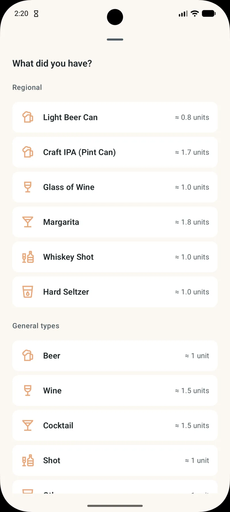Seletor de bebidas com grupos: seus, regionais e tipos gerais