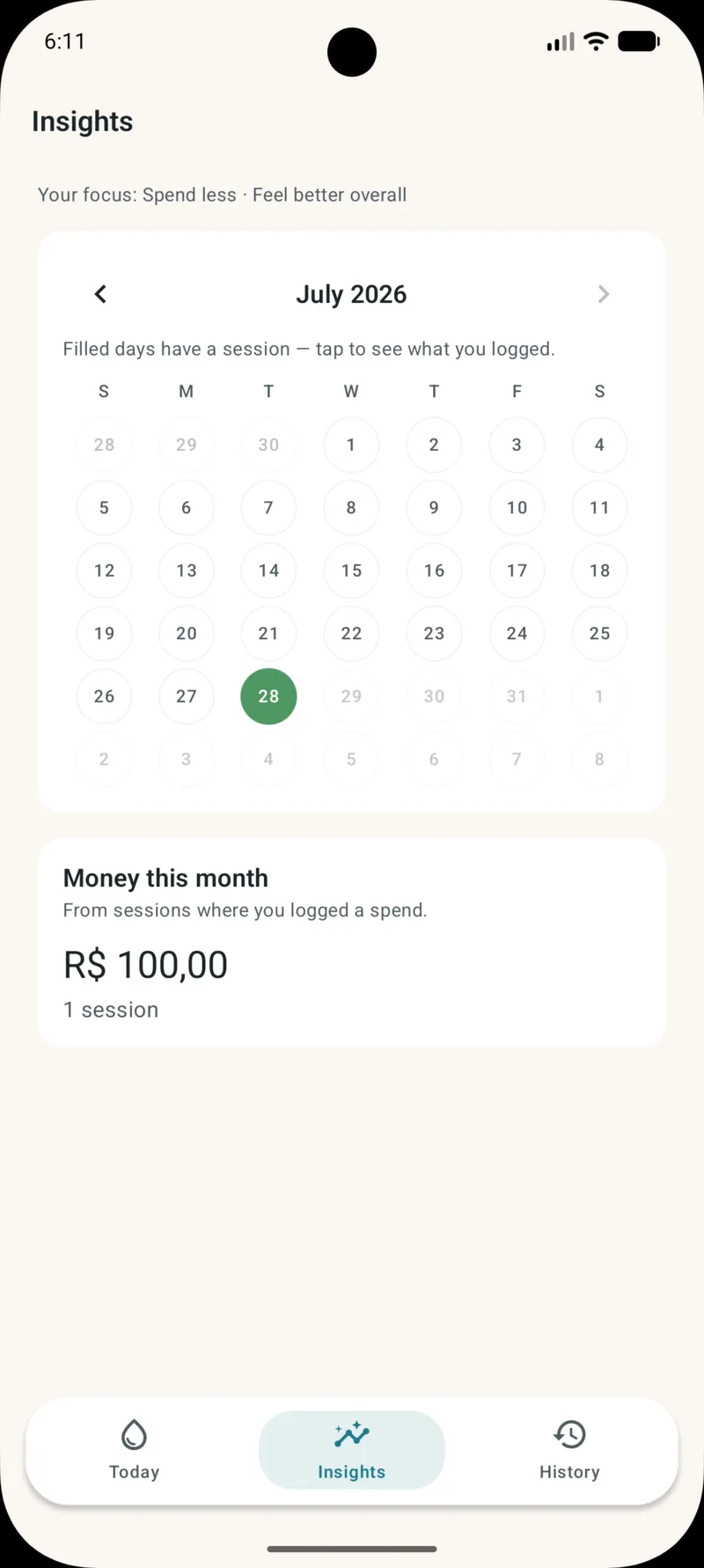 Tela de Insights com calendário do mês e gastos