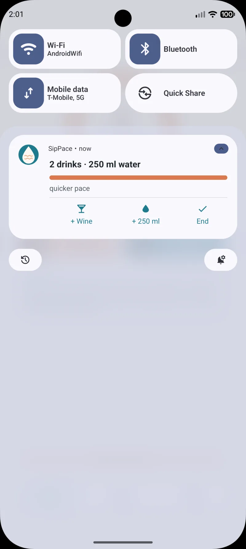 Notificação de sessão ativa com ações rápidas