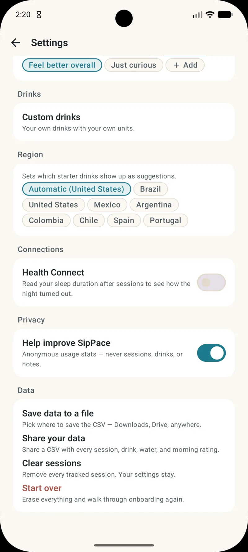 Tela de Ajustes com toggles de privacidade e seletor de região